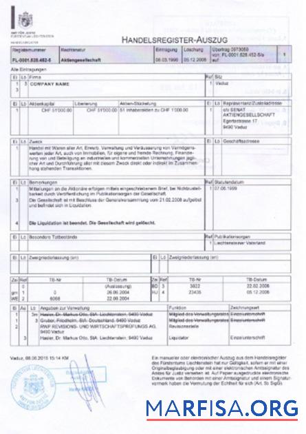 Printable Liechtenstein Certificate of Incorporation download for verification